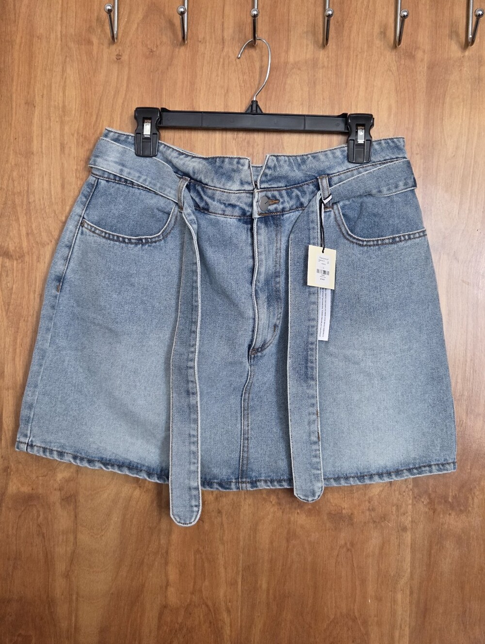 Francesca's Collections Light Blue Denim Mini Skirt with Self-Tie Belt